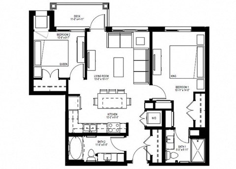 Floor plan for 2 beds, 2 baths, 869 sqft